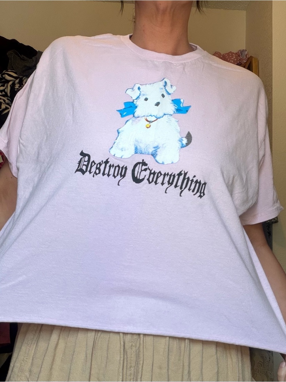Cropped Cute White Puppy Graphic Tee - 'Destroy Everything' - Light Pink